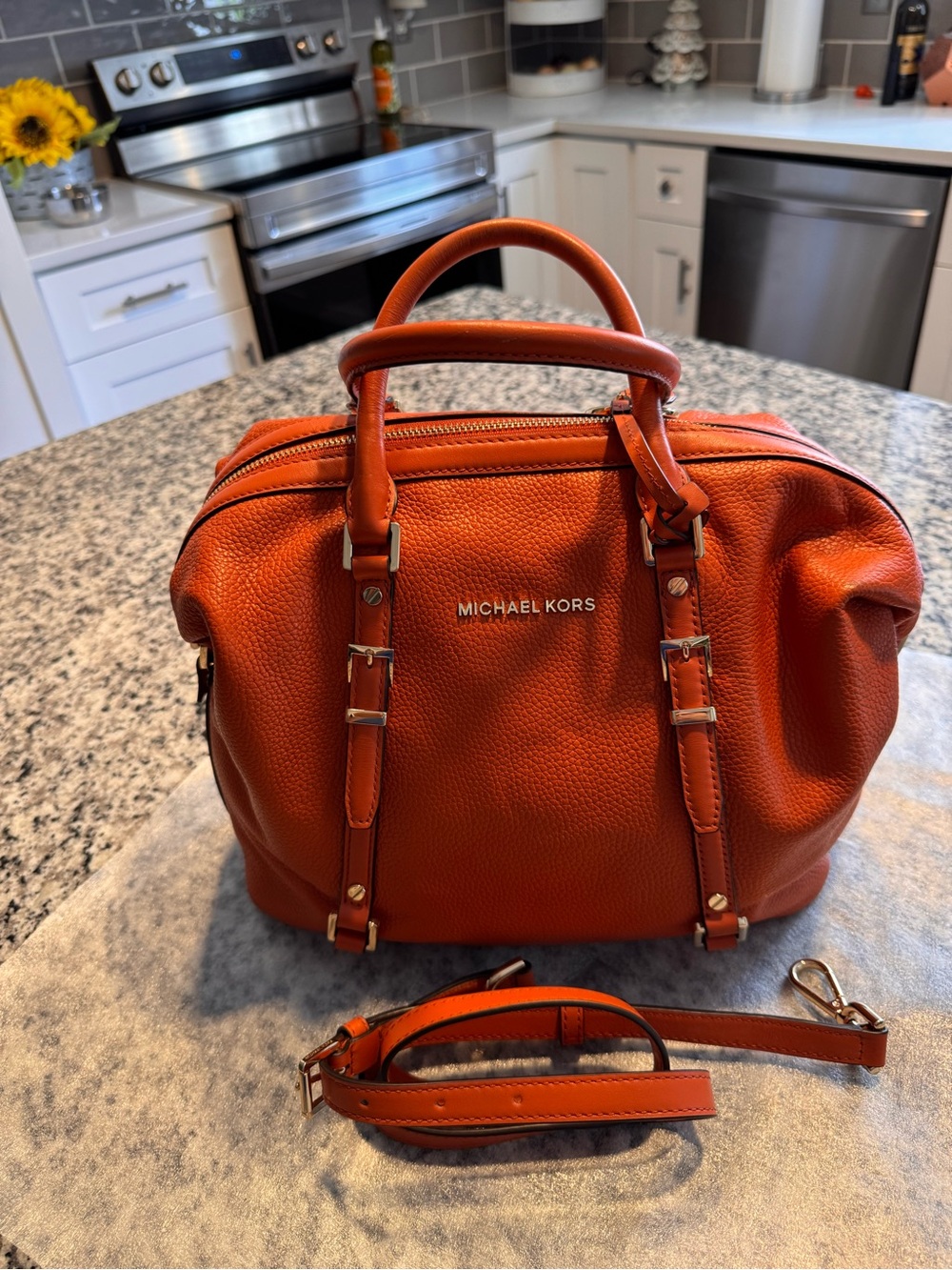 Michael Kors Orange Pebbled Leather Satchel with Detachable Strap